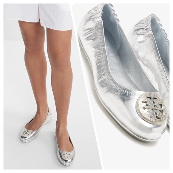 Tory Burch Minnie Crinkle Travel Silver Ballet Flats Size 7.5 - Picture 1 of 12
